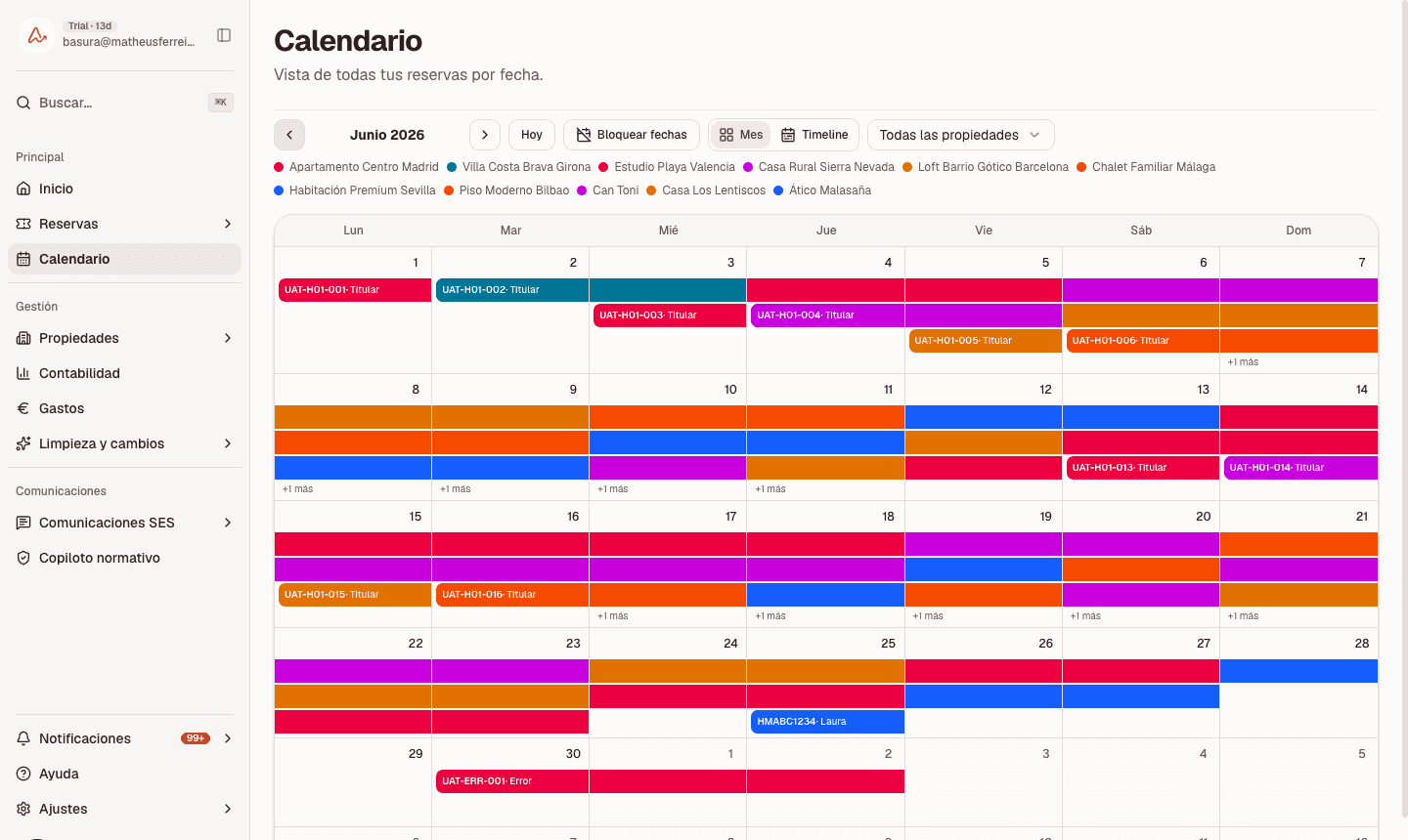 Calendario de reservas de Anotador, con propiedades codificadas por color
