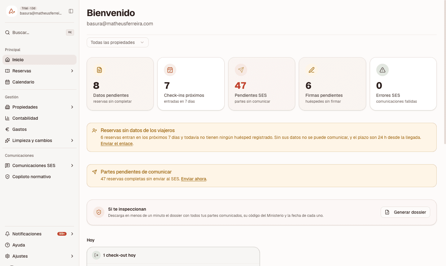 Panel de inicio de Anotador: partes pendientes, check-ins próximos y firmas por completar
