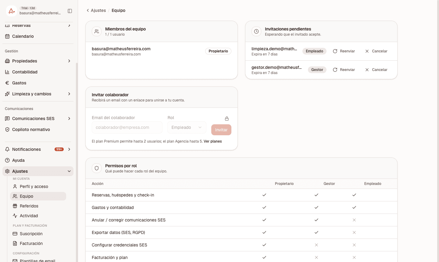 Gestión de equipo de Anotador con miembros, invitaciones pendientes y matriz de permisos por rol