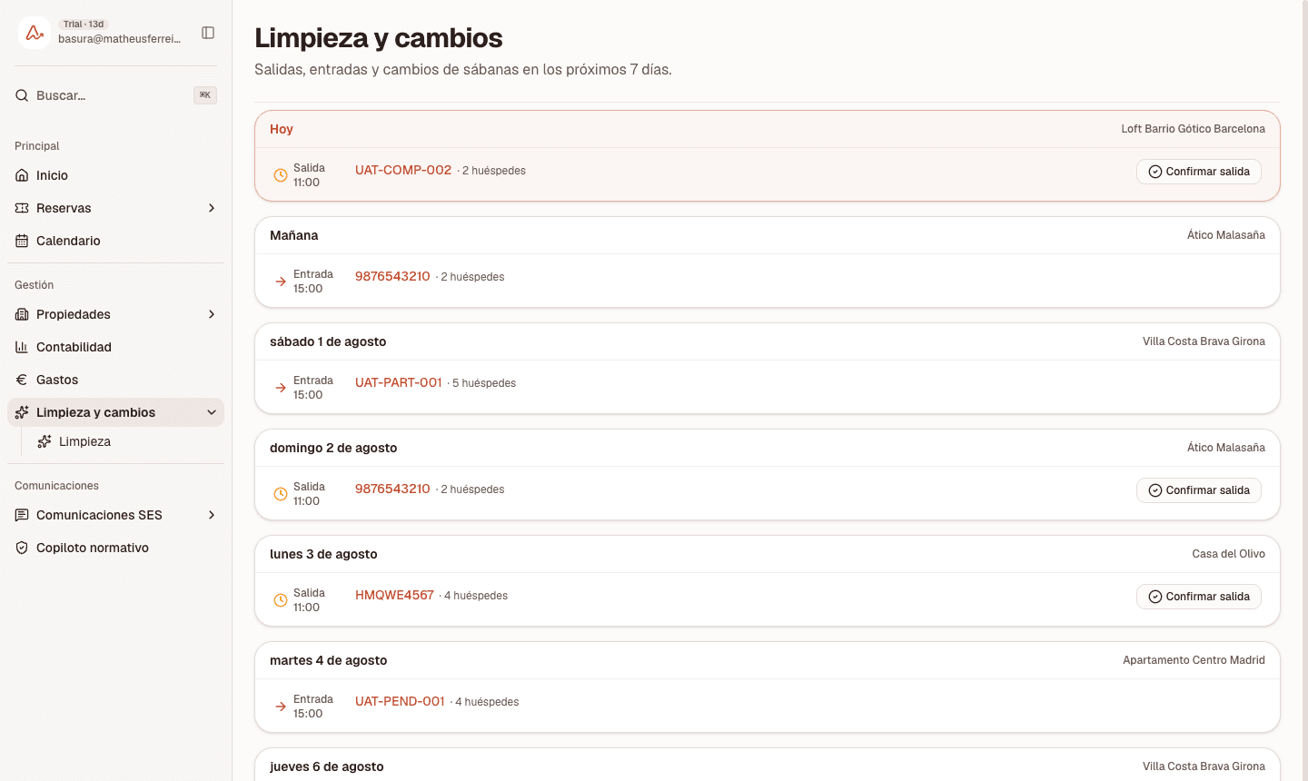 Vista de limpieza y cambios de Anotador con entradas y salidas de los próximos días por propiedad