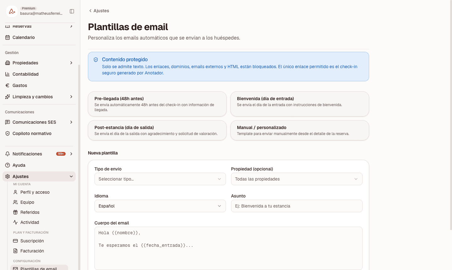 Plantillas de email personalizables de Anotador para pre-llegada, bienvenida y post-estancia