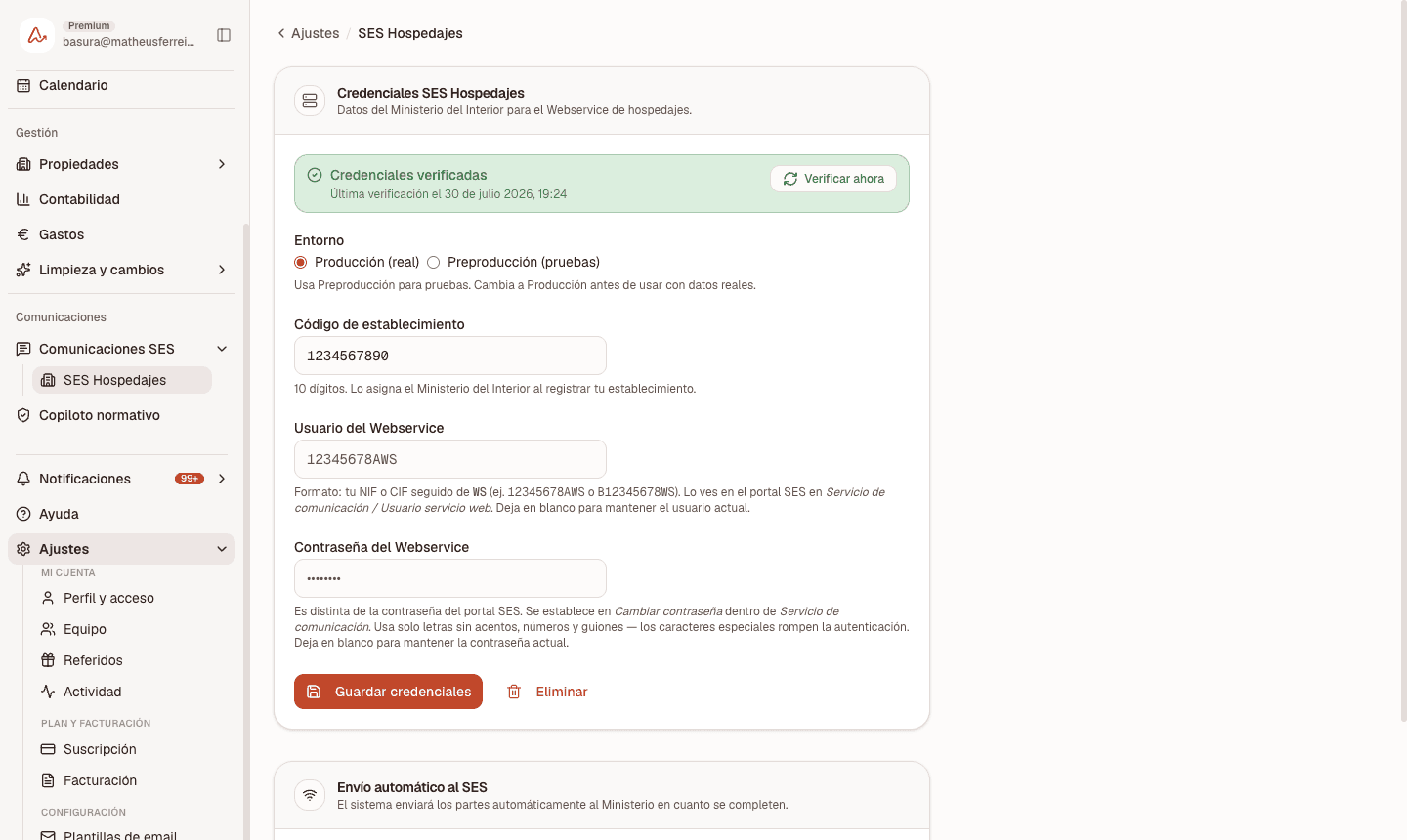 Credenciales SES verificadas en Anotador, listas para el envío automático de partes al Ministerio